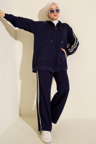 Şerit Detaylı Kapüşonlu İkili Takım Lacivert - İkili Takım