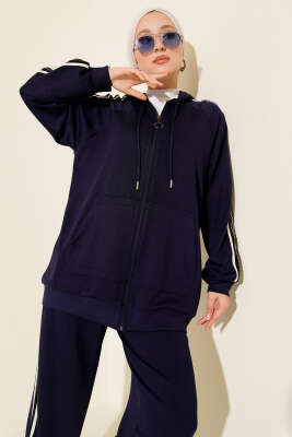 Şerit Detaylı Kapüşonlu İkili Takım Lacivert - İkili Takım
