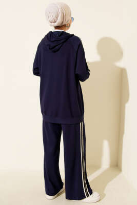 Şerit Detaylı Kapüşonlu İkili Takım Lacivert - İkili Takım