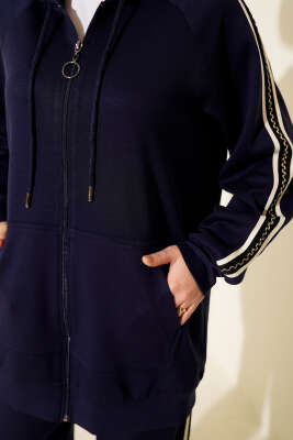 Şerit Detaylı Kapüşonlu İkili Takım Lacivert - İkili Takım