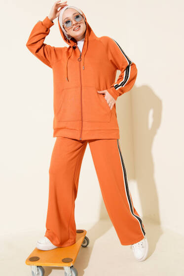 Şerit Detaylı Kapüşonlu İkili Takım Oranj - İkili Takım