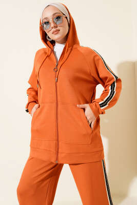 Şerit Detaylı Kapüşonlu İkili Takım Oranj - İkili Takım