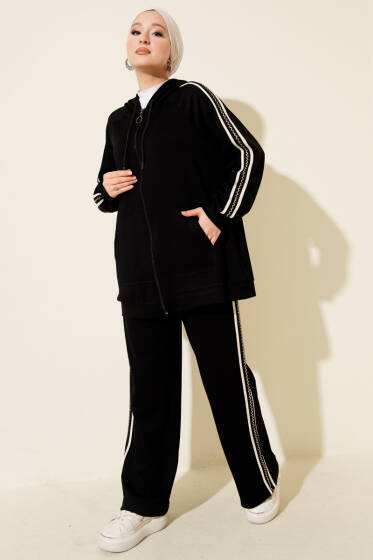 Şerit Detaylı Kapüşonlu İkili Takım Siyah - İkili Takım