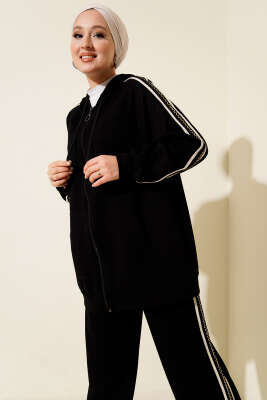 Şerit Detaylı Kapüşonlu İkili Takım Siyah - İkili Takım