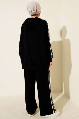 Şerit Detaylı Kapüşonlu İkili Takım Siyah - İkili Takım