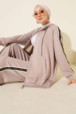 Şerit Detaylı Kapüşonlu İkili Takım Taş - DUFON