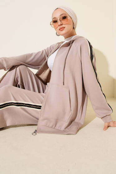 Şerit Detaylı Kapüşonlu İkili Takım Taş - İkili Takım