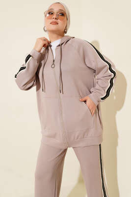 Şerit Detaylı Kapüşonlu İkili Takım Taş - İkili Takım