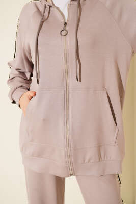 Şerit Detaylı Kapüşonlu İkili Takım Taş - İkili Takım