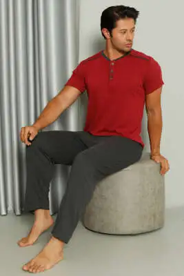 Şerit Detaylı Kısa Kol Erkek Pijama Takımı Bordo