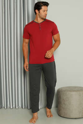 Şerit Detaylı Kısa Kol Erkek Pijama Takımı Bordo - Kadın Pijama Takımı