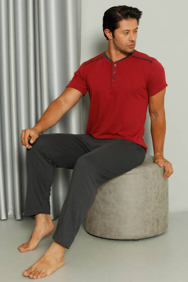 Şerit Detaylı Kısa Kol Erkek Pijama Takımı Bordo - Pijama