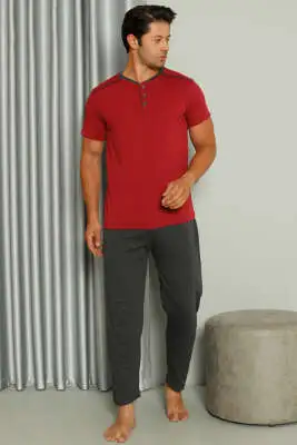 Şerit Detaylı Kısa Kol Erkek Pijama Takımı Bordo - Pijama