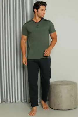 Şerit Detaylı Kısa Kol Erkek Pijama Takımı Haki 