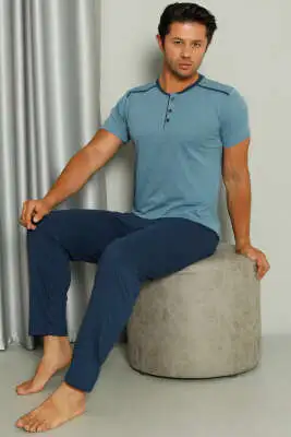 Şerit Detaylı Kısa Kol Erkek Pijama Takımı Mavi