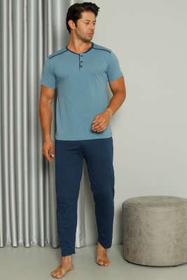 Şerit Detaylı Kısa Kol Erkek Pijama Takımı Mavi - Kadın Pijama Takımı