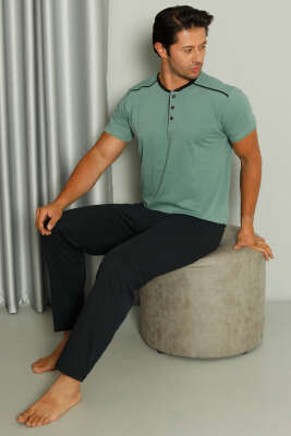 Şerit Detaylı Kısa Kol Erkek Pijama Takımı Yeşil - Kadın Pijama Takımı