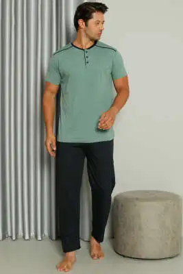 Şerit Detaylı Kısa Kol Erkek Pijama Takımı Yeşil - Pijama