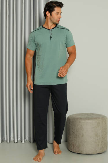 Şerit Detaylı Kısa Kol Erkek Pijama Takımı Yeşil - Pijama