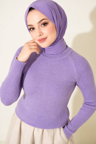 Şerit Detaylı Triko Kazak Lila - Triko Kazak