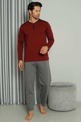 Şerit Detaylı Uzun Kol Erkek Pijama Takım Bordo 