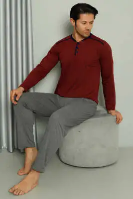 Şerit Detaylı Uzun Kol Erkek Pijama Takım Bordo - Kadın Pijama Takımı