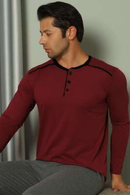 Şerit Detaylı Uzun Kol Erkek Pijama Takım Bordo - Kadın Pijama Takımı