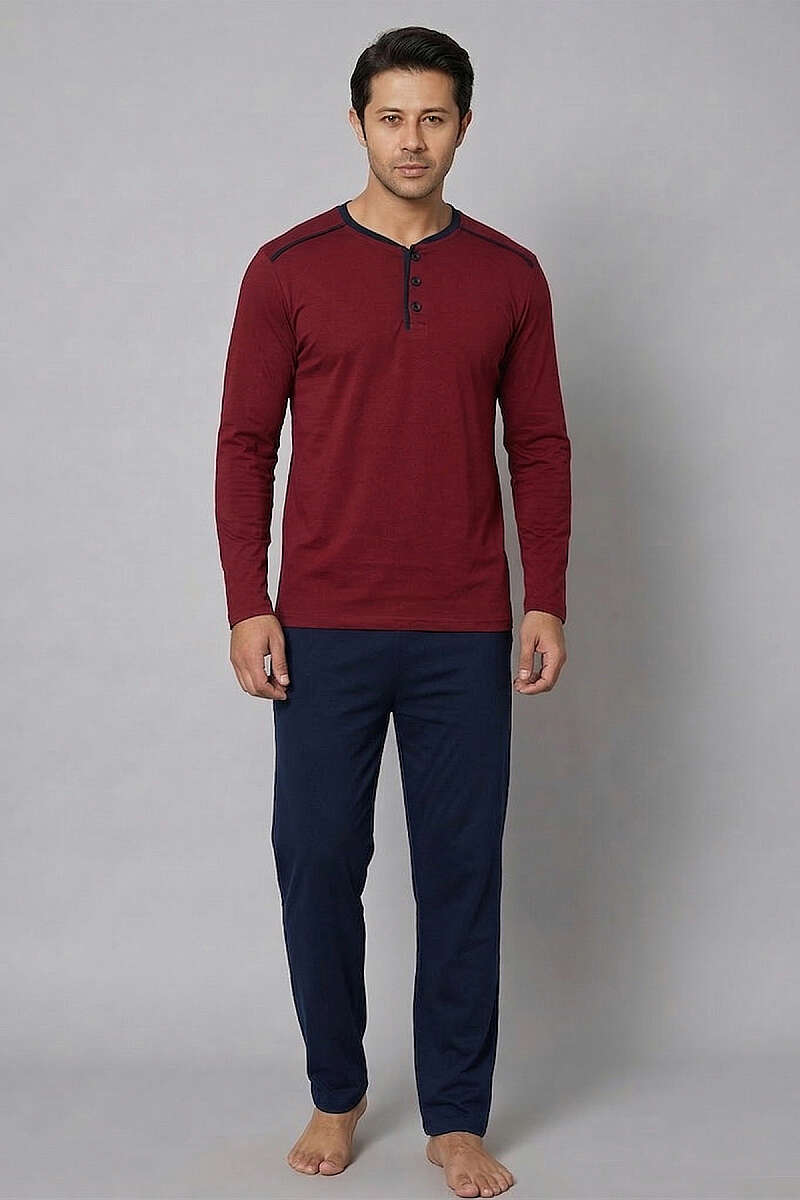 Şerit Detaylı Uzun Kol Erkek Pijama Takım Bordo Lacivert