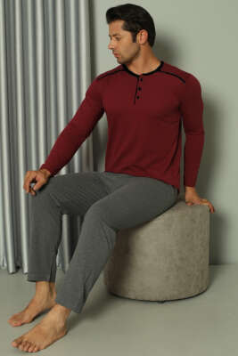 Şerit Detaylı Uzun Kol Erkek Pijama Takım Bordo 