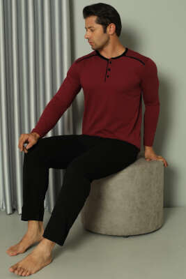 Şerit Detaylı Uzun Kol Erkek Pijama Takım Bordo Siyah - GLİSA