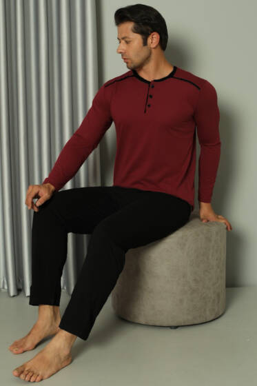 Şerit Detaylı Uzun Kol Erkek Pijama Takım Bordo Siyah - EV GİYİM
