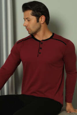 Şerit Detaylı Uzun Kol Erkek Pijama Takım Bordo Siyah - Pijama