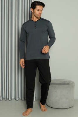 Şerit Detaylı Uzun Kol Erkek Pijama Takım Füme - GLİSA