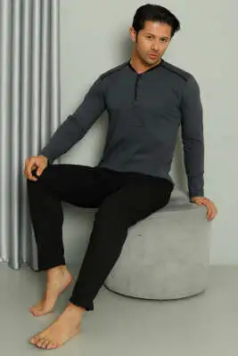 Şerit Detaylı Uzun Kol Erkek Pijama Takım Füme - Kadın Pijama Takımı