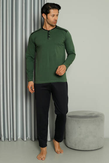 Şerit Detaylı Uzun Kol Erkek Pijama Takım Haki - Kadın Pijama Takımı