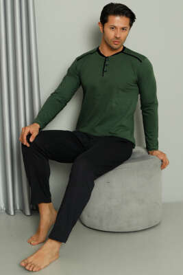 Şerit Detaylı Uzun Kol Erkek Pijama Takım Haki - Kadın Pijama Takımı