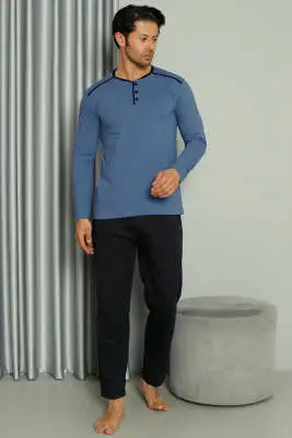 Şerit Detaylı Uzun Kol Erkek Pijama Takım Mavi - Kadın Pijama Takımı
