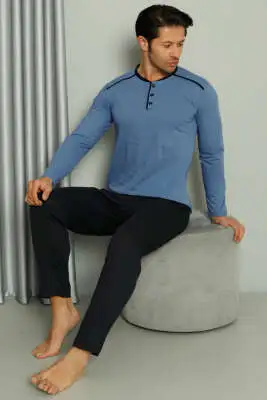 Şerit Detaylı Uzun Kol Erkek Pijama Takım Mavi - Pijama