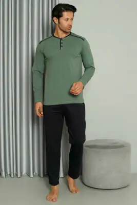 Şerit Detaylı Uzun Kol Erkek Pijama Takım Yeşil - Kadın Pijama Takımı