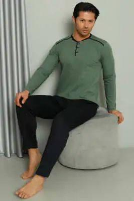 Şerit Detaylı Uzun Kol Erkek Pijama Takım Yeşil 