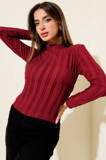 Şerit Fırfırlı Balıkçı Yaka Bluz Bordo - Kadın Giyim Modelleri