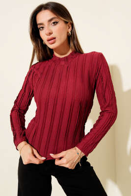 Şerit Fırfırlı Balıkçı Yaka Bluz Bordo - Kadın Giyim Modelleri