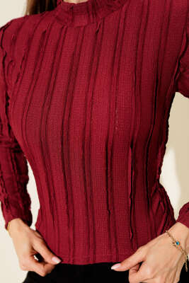 Şerit Fırfırlı Balıkçı Yaka Bluz Bordo - Kadın Giyim Modelleri