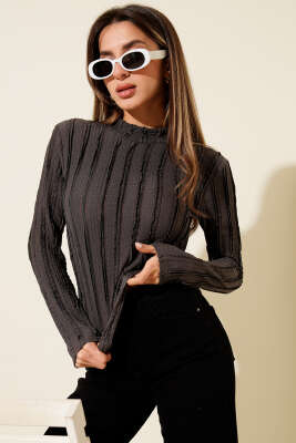 Şerit Fırfırlı Balıkçı Yaka Bluz Füme - BIGDART