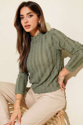 Şerit Fırfırlı Balıkçı Yaka Bluz Haki - BIGDART