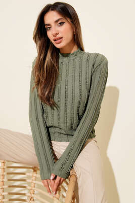 Şerit Fırfırlı Balıkçı Yaka Bluz Haki - Kadın Giyim Modelleri