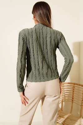 Şerit Fırfırlı Balıkçı Yaka Bluz Haki - Kadın Giyim Modelleri