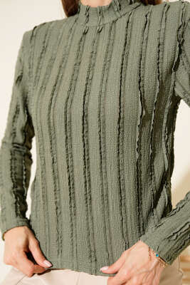 Şerit Fırfırlı Balıkçı Yaka Bluz Haki - Kadın Giyim Modelleri