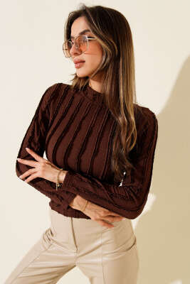 Şerit Fırfırlı Balıkçı Yaka Bluz Kahve - Kadın Giyim Modelleri