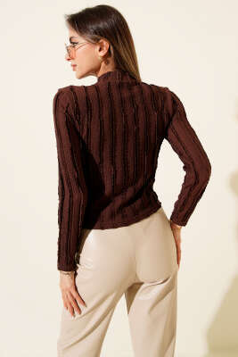 Şerit Fırfırlı Balıkçı Yaka Bluz Kahve - Kadın Giyim Modelleri